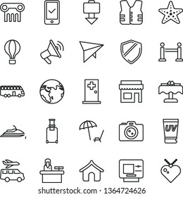 thin line vector icon set - earth vector, bus, air balloon, hang glider, rope barrier, rolling suitcase, phone registration, getting baggage, atm, boungalow, arnchair under umbrella, uv cream, store