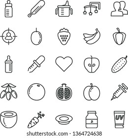 thin line vector icon set - women vector, toys over the cot, measuring cup for feeding, bottle, mercury thermometer, heart, a plate of milk, cucumber, jar jam, strawberry, apple, half pomegranate