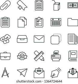 thin line vector icon set - clip vector, add bookmark, clean paper, packing of juice with a straw, writing accessories, envelope, received letter, drawer, survey, copy, popcorn, scribed compasses