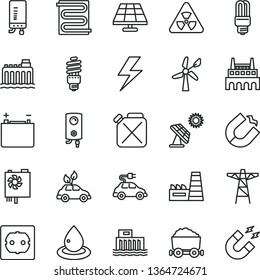 thin line vector icon set - lightning vector, power socket type f, heating coil, boiler, electronic, solar panel, big, wind energy, accumulator, hydroelectric station, hydroelectricity, pole