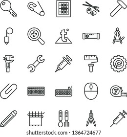 thin line vector icon set - paint roller vector, graphite pencil, zoom, new abacus, open pin, iron fork spoons, long meashuring tape, construction level, plummet, star gear, temperature, hammer, key