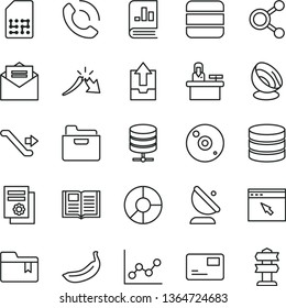 thin line vector icon set - graph vector, upload archive data, folder bookmark, received letter, book, big server, pass card, phone call, banana, satellite antenna, SIM, connections, a crisis, cd