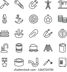 thin line vector icon set - clip vector, crane, ladder, sewerage, gear, stationery knife, kitchen faucet, hammer with claw, anchor, canned goods, tin, power line, magnet, pipes, welding, metallurgy