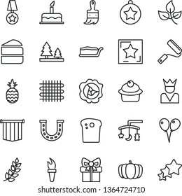 thin line vector icon set - toys over the cradle vector, colored air balloons, cake, new roller, wooden paint brush, Easter, muffin, piece of, slice, a pineapple, squash, pumpkin, leaves, forest