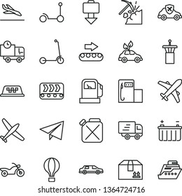 thin line vector icon set - paper airplane vector, Kick scooter, child, delivery, cardboard box, coal mining, gas station, modern, battery, conveyor, production, canister, autopilot, Express, plane