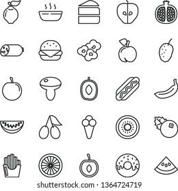 thin line vector icon set - sausage vector, Hot Dog, big burger, mushroom, piece of cake, glazed with a hole, porridge, fried potato slices, popcorn, cone, blueberries, peach, half pomegranate, kiwi