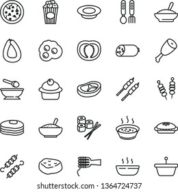 thin line vector icon set - deep plate with a spoon vector, iron fork spoons, sausage, stick of, fried vegetables on sticks, pizza, noodles, muffin, pie, bowl buckwheat porridge, rice, in saucepan