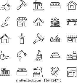 thin line vector icon set - house vector, dwelling, big core, building trowel, paint roller, wooden brush, brick, block, spatula, paving slab, road fence, hammer with claw, home, kiosk, factory