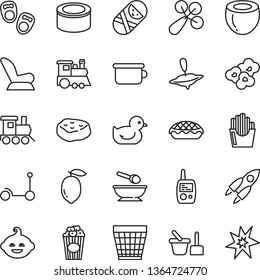 thin line vector icon set - wicker pot vector, baby rattle, car child seat, duckling, tumbler, toy mobile phone, sand set, deep plate with a spoon, children's potty, funny hairdo, train, small yule