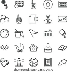 thin line vector icon set - wind direction indicator vector, baby powder, carriage, bath ball, toy phone, mobile, children's sand set, put in a box, delete page, branch of grape, plum, blueberries