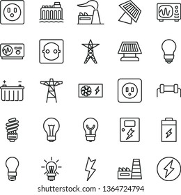 thin line vector icon set - matte light bulb vector, saving, power socket type b, lightning, dangers, charging battery, factory, hydroelectricity, line, pole, thermal plant, pc supply, oscilloscope