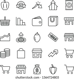 thin line vector icon set - paper bag vector, grocery basket, growth up, positive histogram, cart, with handles, kiosk, coins, tamarillo, Bell pepper, ripe, oil, stall, shopping, a crisis, wallet