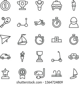 thin line vector icon set - stopwatch vector, motor vehicle, Kick scooter, child, car, racer, retro, flame torch, winner, pedestal, prize, gold cup, star reward, first place medal, with pennant