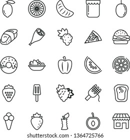 thin line vector icon set - piece of pizza vector, burger, spaghetti, glazed cake with a hole, plate fruit, grill chicken leg, sushi, popsicle, cone, jam, strawberry, sandwich, grape, branch, lemon