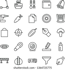 thin line vector icon set - paper bag vector, purse, clean, cradle, feeding bottle, safety pin, iron fork spoons, child Kick scooter, cordless drill, drawing, road fence, bell, lens, plate, carrot
