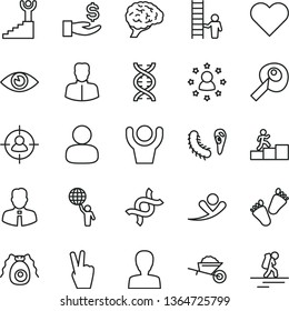 thin line vector icon set - woman vector, children's tracks, garden trolley, employee, heart, eye, man, in sight, get a wage, dna, brain, bactery, artifical insimination, carrer stairway, winner