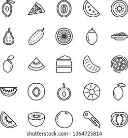 thin line vector icon set - stationery knife vector, piece of pizza, slices onion, cake, cucumber, orange slice, plum, water melon, half mango, tangerine, cherry, lemon, kiwi, tamarillo, sour lime
