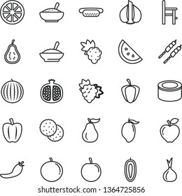 thin line vector icon set - a chair for feeding vector, canned goods, mini hot dog, bowl of buckwheat porridge, rice, barbecue, orange slice, biscuit, half pomegranate, grape, branch, red apple