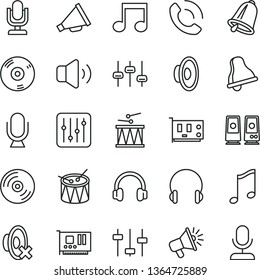 thin line vector icon set - bell vector, desktop microphone, horn, loudspeaker, silent mode, drumroll, drum, headphones, music, CD, regulator, volume, phone call, pc card, speaker, note, settings