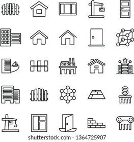 thin line vector icon set - house vector, dwelling, brick wall, window, frame, ntrance door, interroom, buildings, city block, ceramic tiles, fence, hedge, paving slab, home, industrial enterprise
