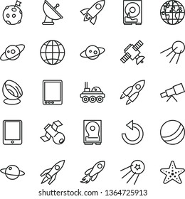 thin line vector icon set - counterclockwise vector, bath ball, earth, artificial satellite, planet, space rocket, tablet pc, hdd, telescope, antenna, saturn, lunar rover, flag on moon, first