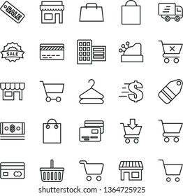 thin line vector icon set - paper bag vector, grocery basket, bank card, dollar, city block, cart, put in, crossed, cards, kiosk, hanger, label, stall, shopping, reverse side of a, cash, hand, store