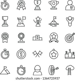 thin line vector icon set - stopwatch vector, pedestal, racer, winner, prize, award, cup, gold, star, man with medal, flag, motivation, mountain, target, purpose, first place, pennant, ribbon