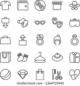 thin line vector icon set - purse vector, spectacles, hat, with glasses, bath ball, accessories for a hairstyle, warm socks, Knitted, shoes little children, winter, bag handles, T shirt, folded