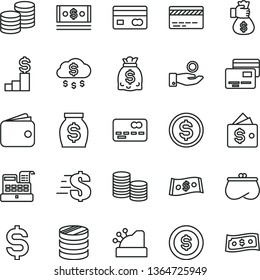 thin line vector icon set - bank card vector, dollar, cards, coins, reverse side of a, front the, column, denomination, catch coin, wallet, purse, money, dollars, cash, machine, cashbox, bag hand