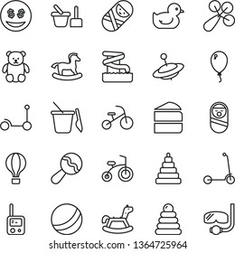 thin line vector icon set - beanbag vector, baby rattle, duckling, bath ball, stacking rings, toy, roly poly doll, tumbler, phone, sand set, children's, small teddy bear, yule, rocking horse, air