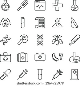 thin line vector icon set - first aid kit vector, plus, electronic thermometer e, mercury, bag of a paramedic, medical, temperature, cardiogram, garlic, goji berry, round flask, research article