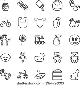 thin line vector icon set - baby powder vector, bib, Child T shirt, duckling, warm socks, toy mobile phone, teddy bear, small, children's hairdo, train, yule, bicycle, tricycle, piece of cake, pear