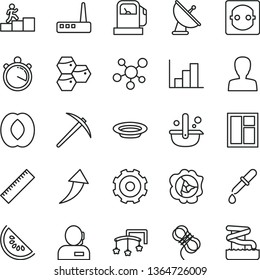 thin line vector icon set - truck lorry vector, yardstick, woman, negative histogram, toys over the cot, window, hawser, plate, honeycombs, squash, slice of water melon, half peach, gas station