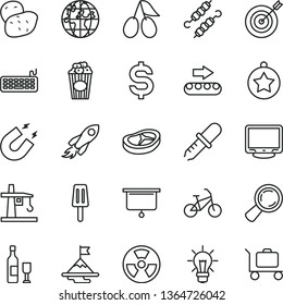 thin line vector icon set - bacon vector, meat on skewers, cup of popcorn, popsicle, cornels, potato, production conveyor, radiation hazard, tower crane, magnifier, space rocket, planet, bulb, wine