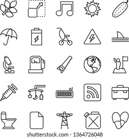 thin line vector icon set - danger of electricity vector, rss feed, toys over the cradle, summer stroller, hand saw, suitcase, comfortable toilet, umbrella, expand picture, cucumber, gas station