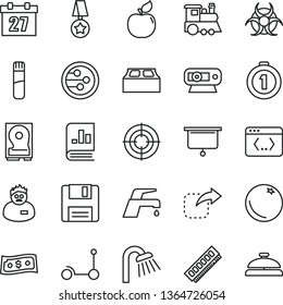 thin line vector icon set - daily calendar vector, children's train, Kick scooter, shower, building block, faucet mixer, move right, orange, apricot, book on statistics, memory, web camera, hdd, aim