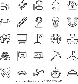 thin line vector icon set - monitor vector, graphite pencil, ladder, bulb, drop, porridge in a saucepan, radiation, vintage sign, glasses, dna, biology, resistor, cup, motivation, star flag, luck