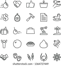 thin line vector icon set - scribbled paper vector, dollar, measuring cup for feeding, small rocking horse, shoes little children, big core, spatula, hammer with claw, thumb up, apple pie, cabbage