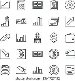 thin line vector icon set - growth up vector, chart, negative, cards, column of coins, bar, recession, statistical overview, denomination the dollar, financial item, wallet, cash, calculator, graph