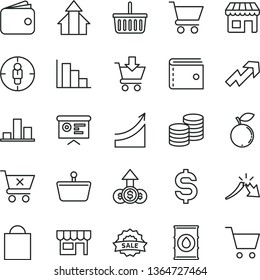 thin line vector icon set - paper bag vector, grocery basket, purse, growth up, positive histogram, cart, put in, crossed, kiosk, coins, blueberry, oil, shopping, goal woman, chart, a crisis, wallet