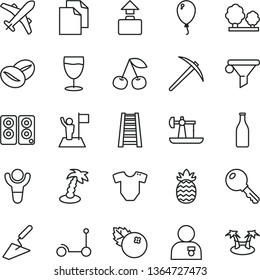 thin line vector icon set - clean paper vector, t short, balloon, Kick scooter, trowel, stepladder, key, coffee beans, glass, blueberries, cherry, pineapple, oil derrick, trees, bottle, water filter