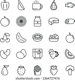 thin line vector icon set - sausage vector, cheese, eggs, lettuce in a plate, garlic, fried potato slices, fish, cup of tea, glass, jar jam, cherry, branch grape, strawberry, blackberry, tangerine