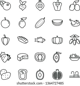 thin line vector icon set - cheese vector, a plate of fruit, chicken, cucumber, peper, japanese sushi, fish, blueberries, sandwich, half pomegranate, branch grape, quince, medlar, tasty cornels