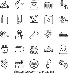 thin line vector icon set - workman vector, brick wall, measuring tape, long meashuring, plummet, spatula, electronic boiler, hammer, sea port, coal mining, hydroelectricity, plug, gear, racer, pipe