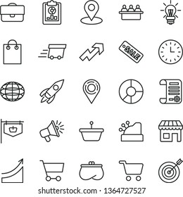 thin line vector icon set - growth up vector, kiosk, shopping cart, pan, vintage sign, court hearing, location, geolocation, portfolio, rocket, globe, statistical overview, purse, ring diagram, bag