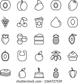 thin line vector icon set - bib vector, cake, muffin, piece of, coffe to go, a pineapple, pancakes, honeycombs, cherry, apple, half apricot, large grape, plum, strawberry, fig, mango, goji berry