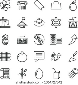 thin line vector icon set - image of thought vector, bookmark, keyboard, spectacles, hat, packing juice with a straw, drumroll, building trowel, city block, pomegranate, lime, guava, pineapple