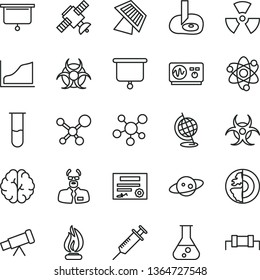 thin line vector icon set - flask vector, test tube, telescope, molecule, atom, nuclear, brain, satellite, biohazard, globe, oscilloscope, flame, scientist, artifical insimination, growth graph