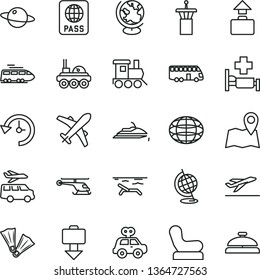 thin line vector icon set - Baby chair vector, motor vehicle present, toy train, passport, planet, globe, history, lunar rover, helicopter, bus, airport tower, plane, baggage, getting, departure