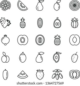 thin line vector icon set - a pineapple vector, apple, half apricot, branch of grape, pear, medlar, tasty raspberry, mulberry, slice water melon, mango, goji berry, peach, date fruit, loquat, sweet